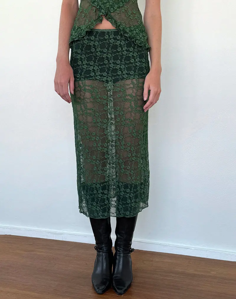 Diri Unlined Midi Skirt In Sage Canina Rose Lace 1