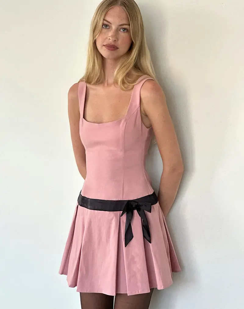 Michelia Mini Dress In Pink With Black Bow 1