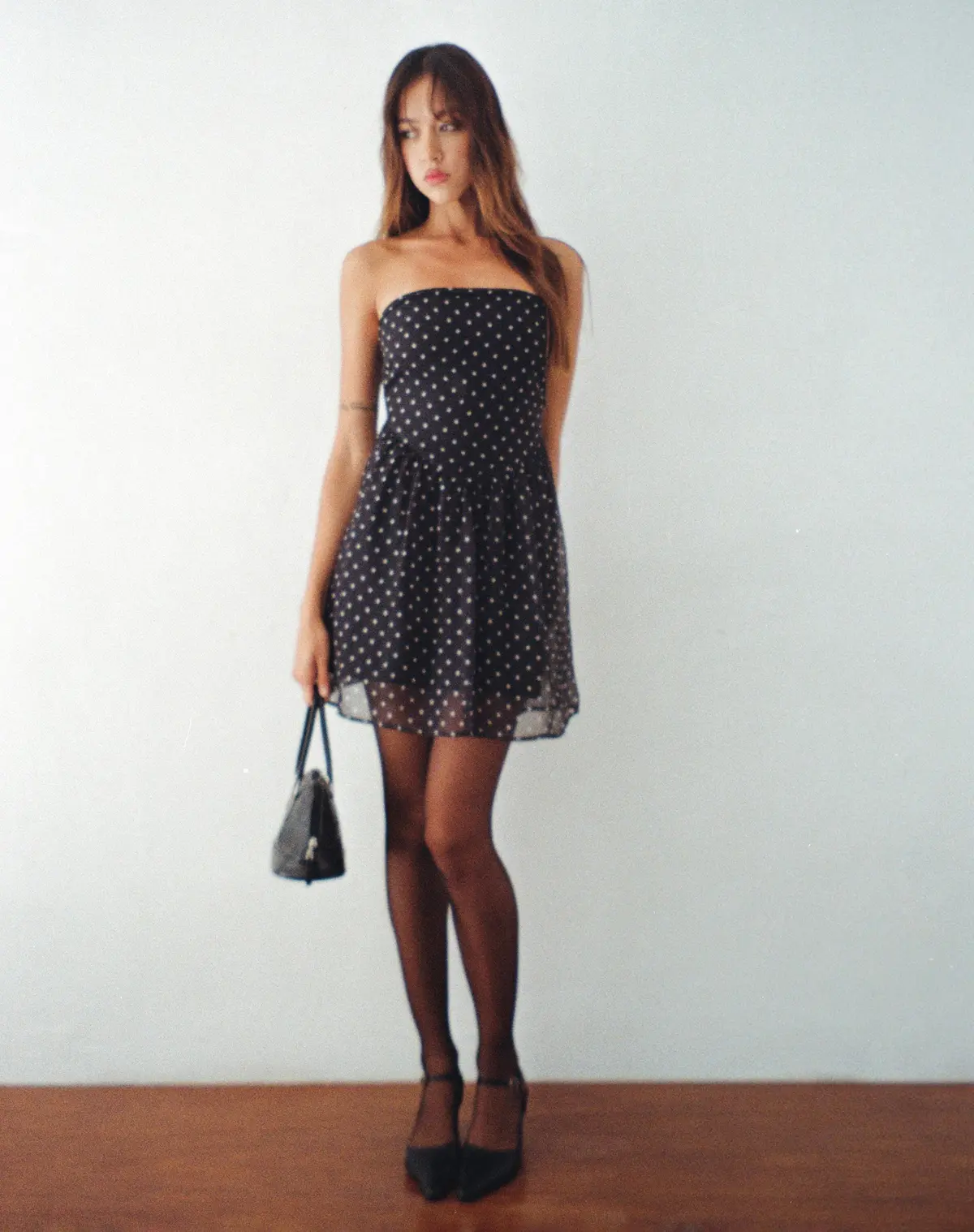Murni Bandeau Mini Dress In Polka Black Chiffon 1