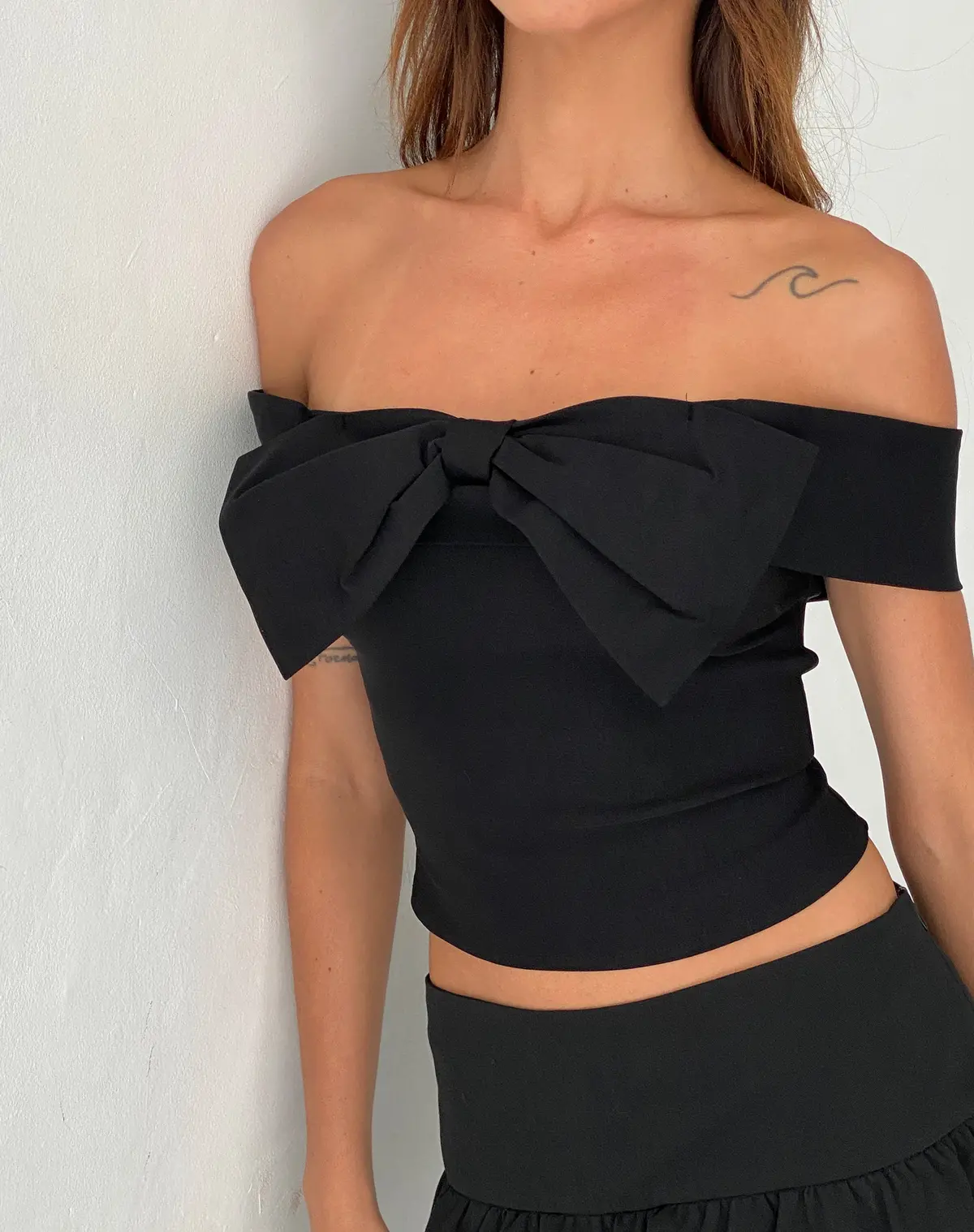 Naras Bow Front Bardot Top In Black Tailoring 1