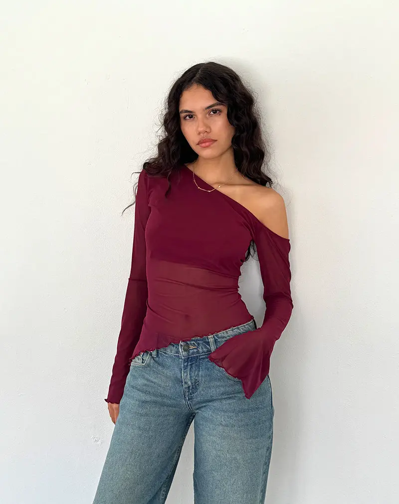Narcissa Asymmetric Long Sleeve Top In Maroon 1
