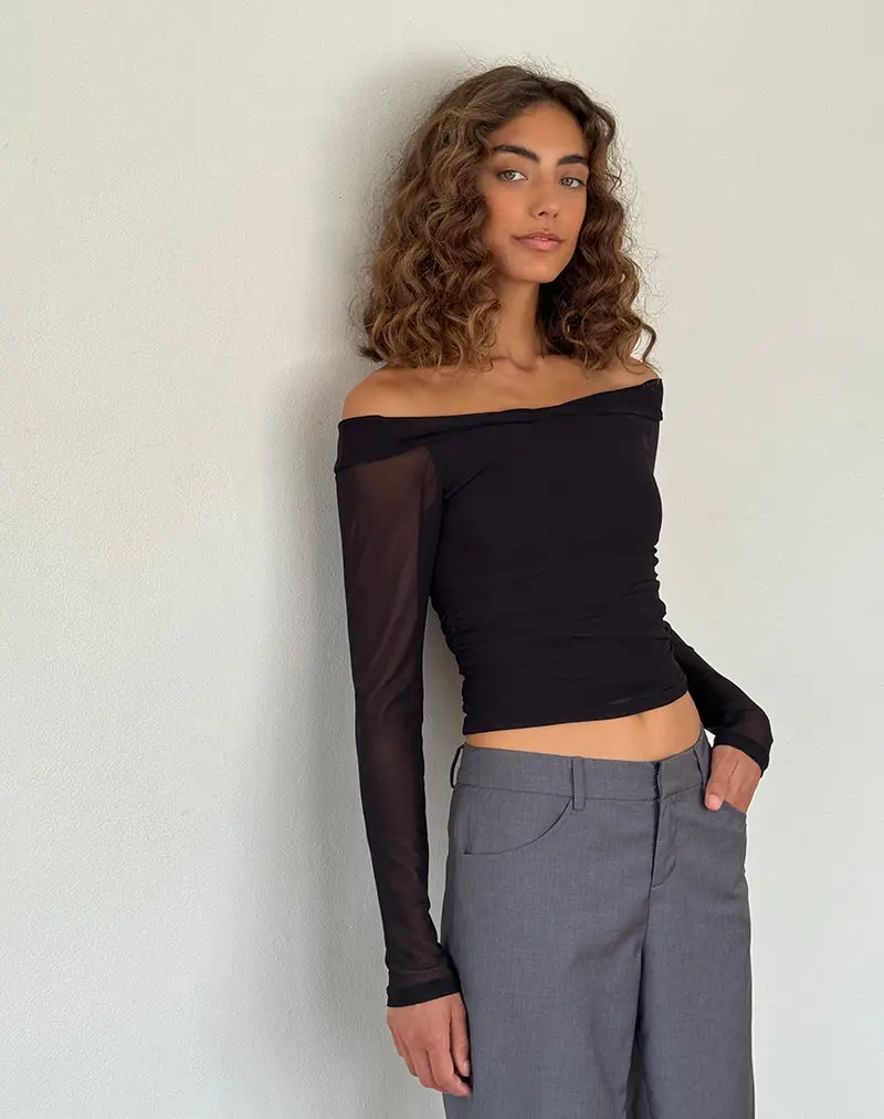 Nauri Long Sleeve Bardot Top In Mesh Black 1