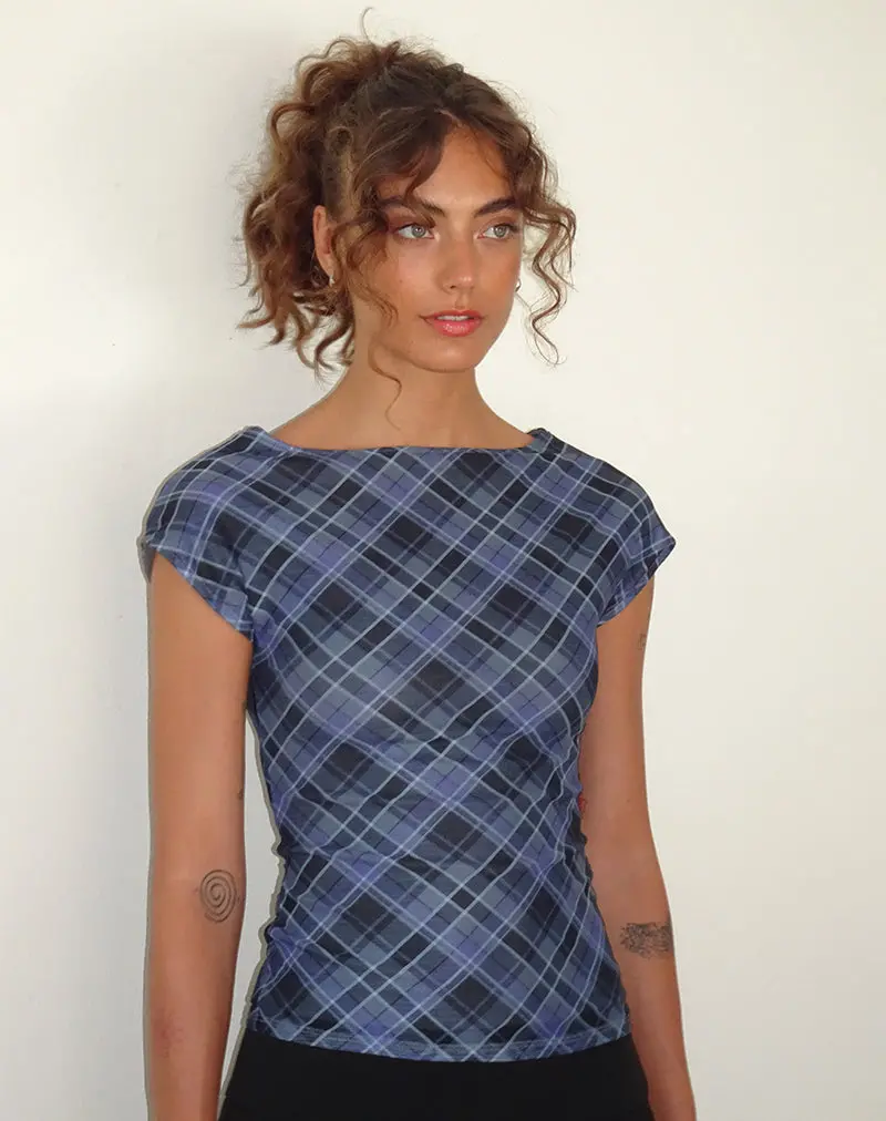 Nova Top In Blue Grey Check Mesh 1