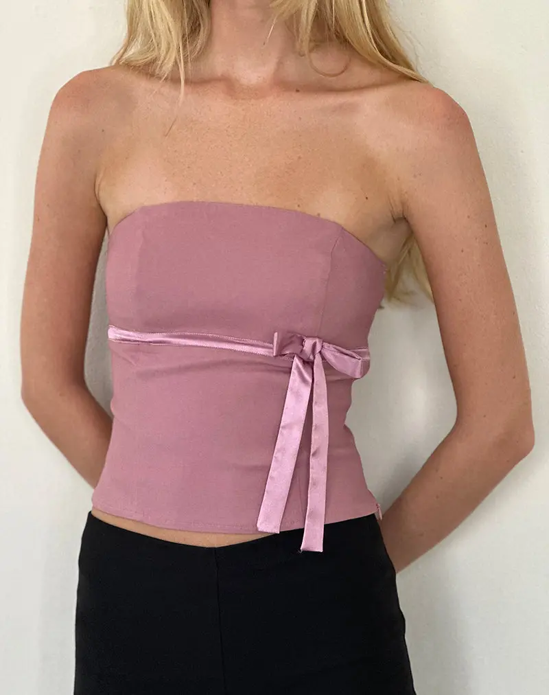 Novita Bow Detail Bandeau Top In Tailoring Dusky Pink 1