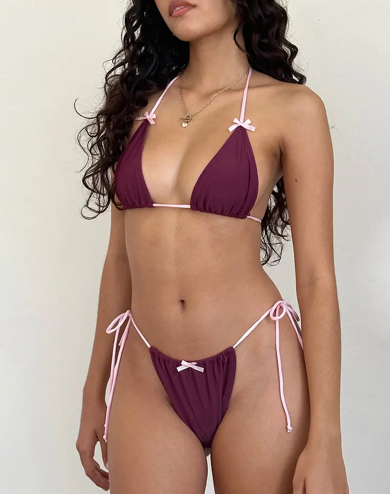 Leyna Bow Bikini Bottom In Wine With Sakura Pink Binding 1