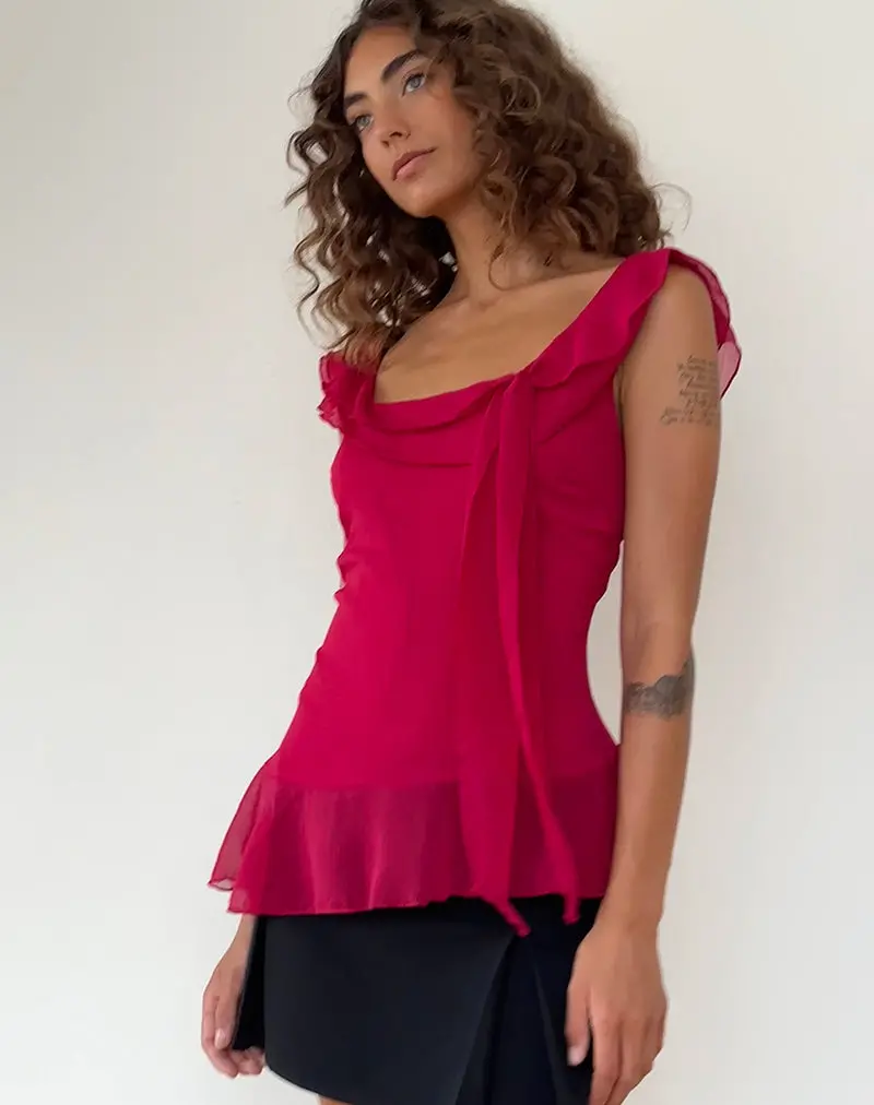 Piro Ruffle Longline Top In Burgundy 1