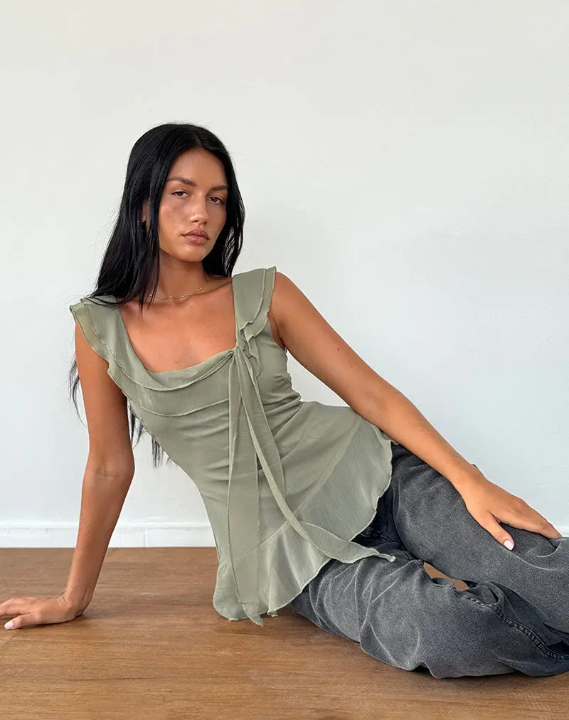 Piro Ruffle Longline Top In Chiffon Olive 1