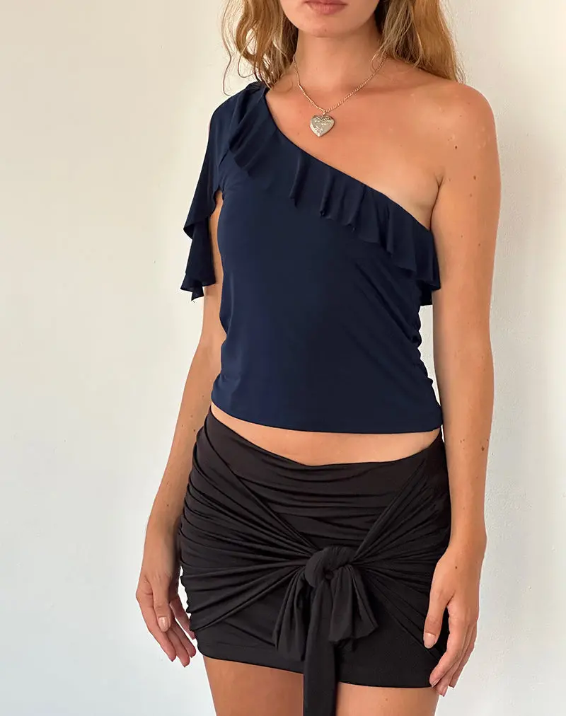 Polly Asymmetric Frill Top In Navy 1