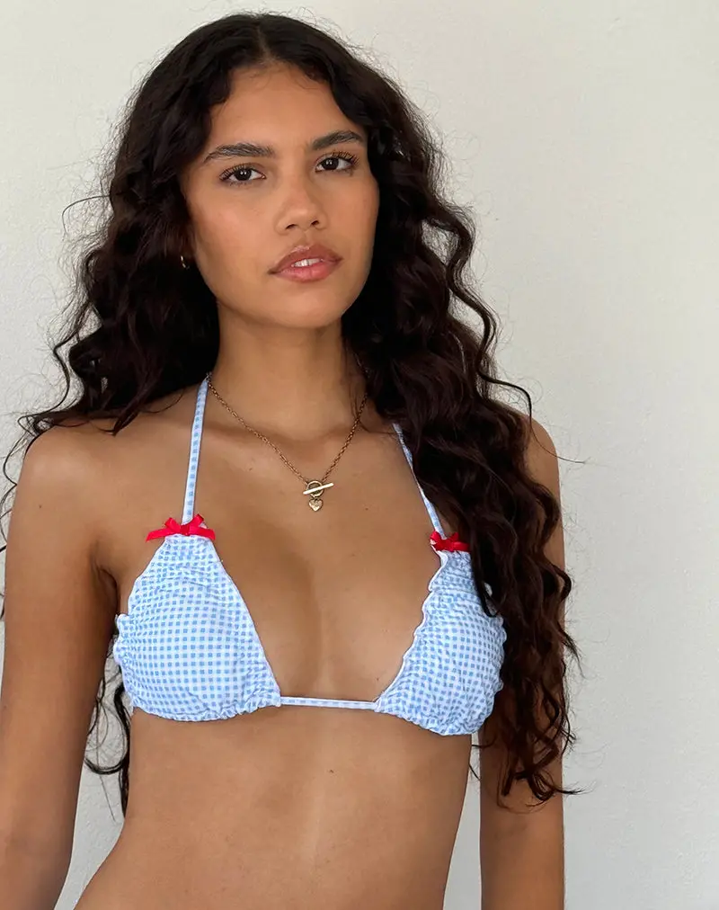 Pumyla Bikini Top In Blue Gingham With Bows 1