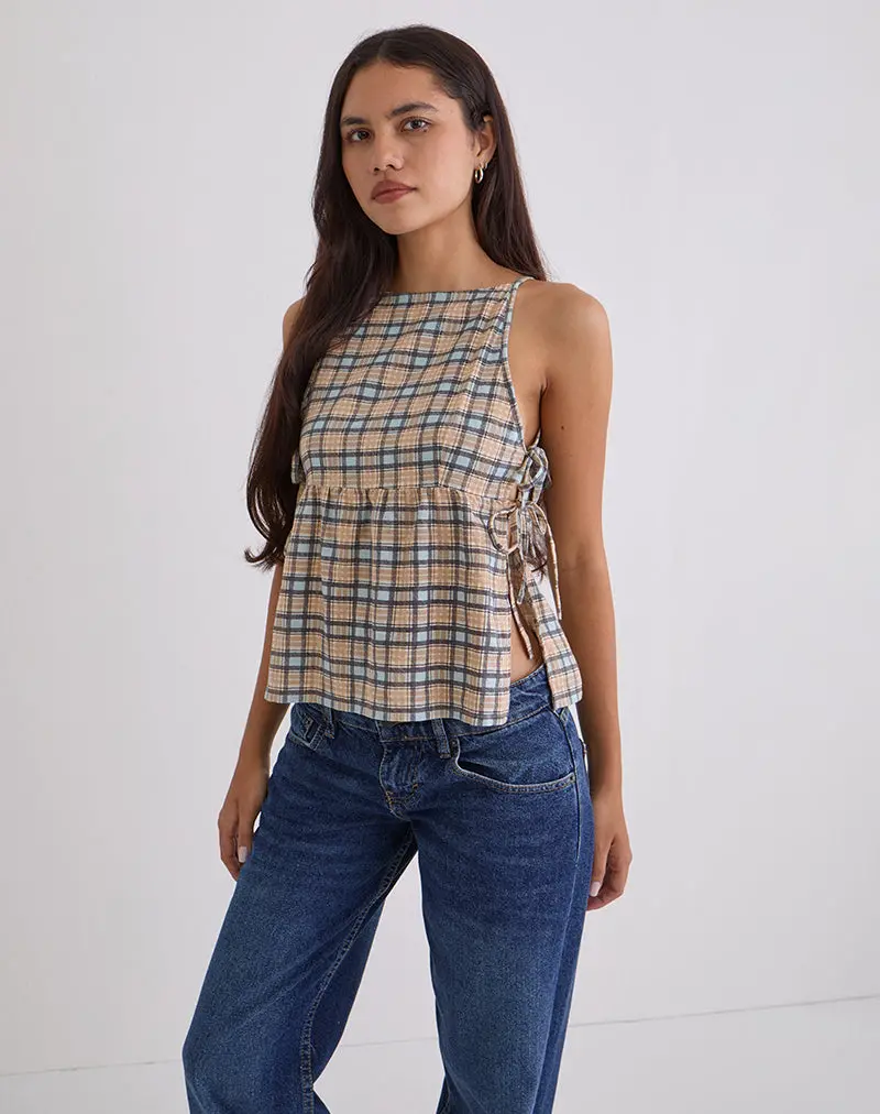 Palsi Loose Sleeveless Top In Pastel Blue Tartan 1