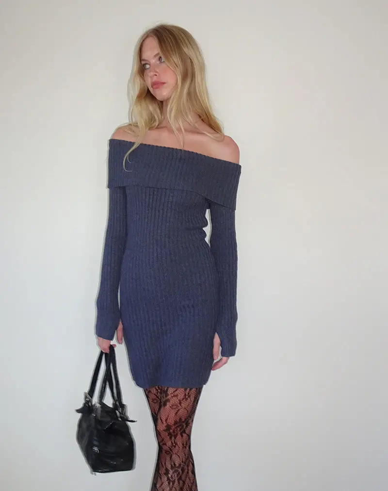 Queeva Knitted Bardot Mini Dress In Dark Charcoal 1