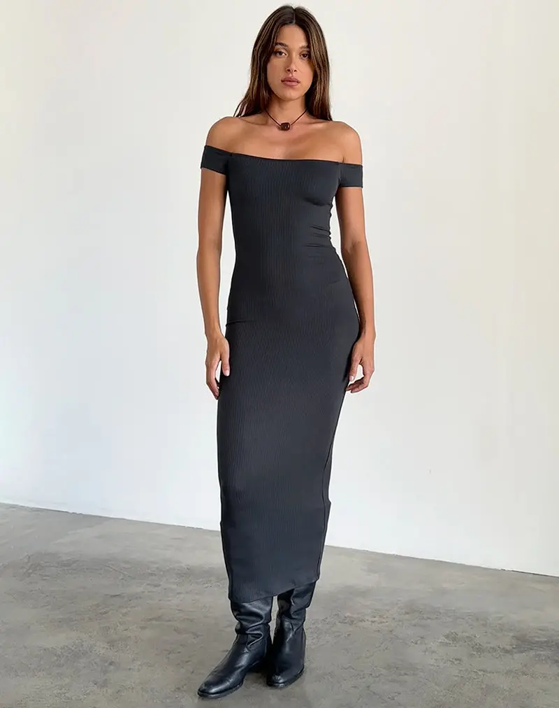 Racha Thick Rib Bardot Maxi Dress In Black Forest 1