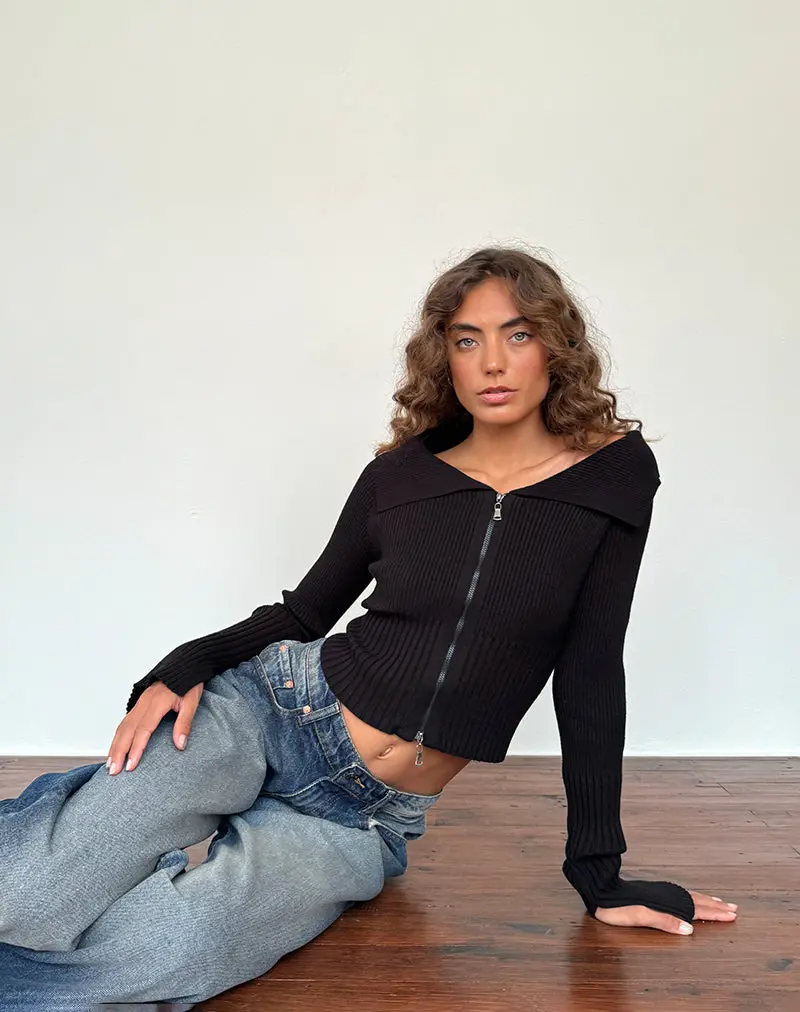 Radia Long Sleeve Off-Shoulder Zip Through Jumper In Black 1