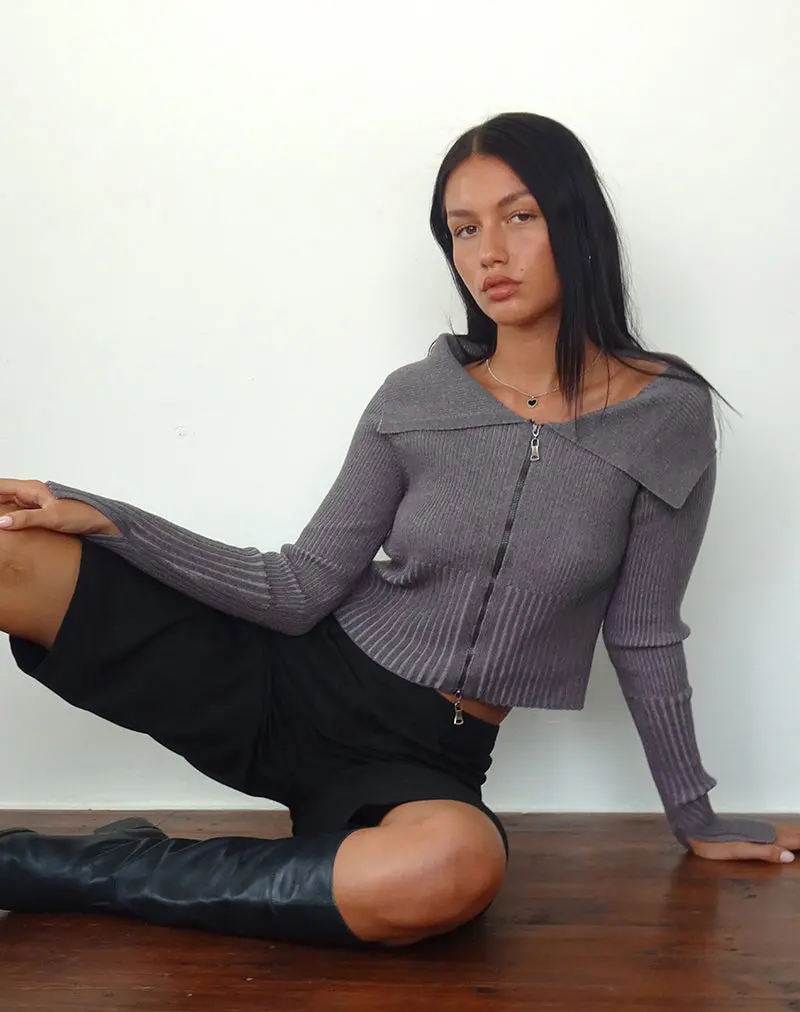 Radia Long Sleeve Off-Shoulder Zip Through Jumper In Dark Charcoal 1