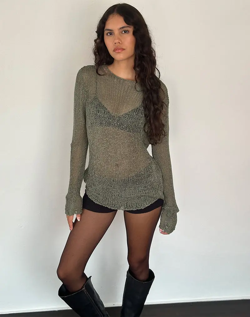 Rajiya Open Weave Jumper In Olive 1