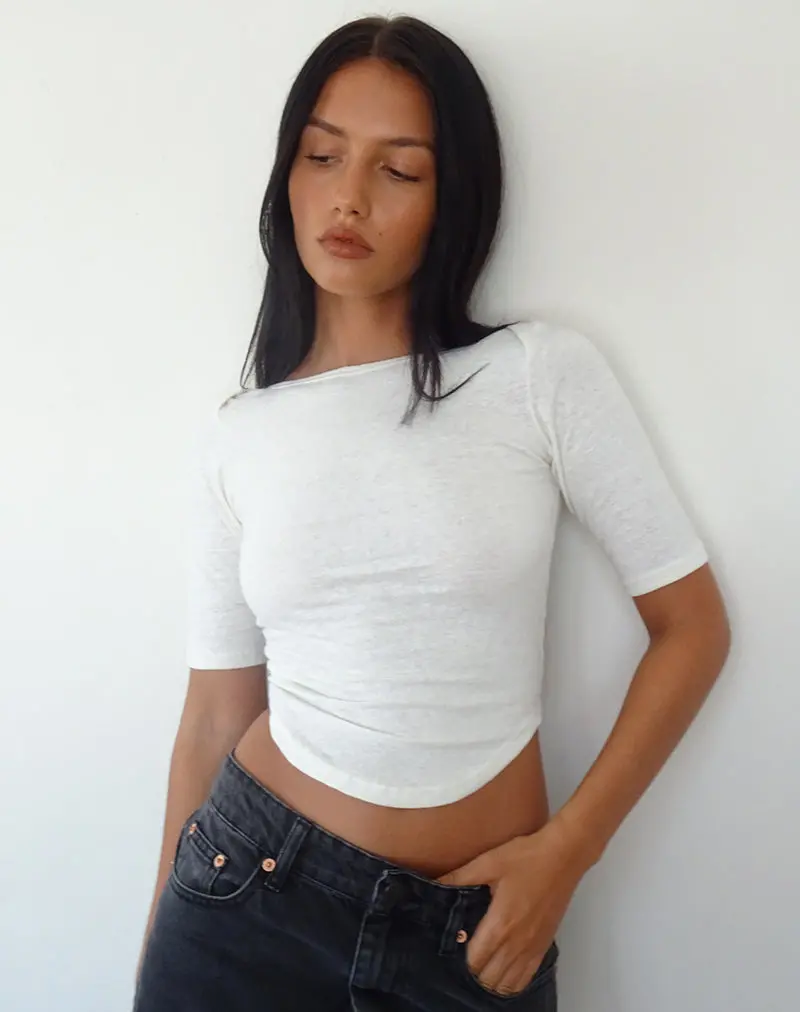 Ralda Curved Hem Top In Cotton Hemp White 1