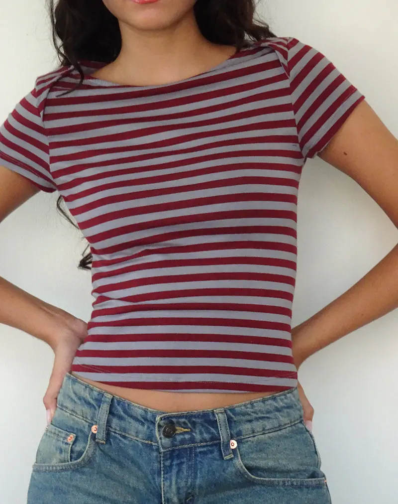 Ralina Short Sleeve Top In Mulberry Grey Stripes 1
