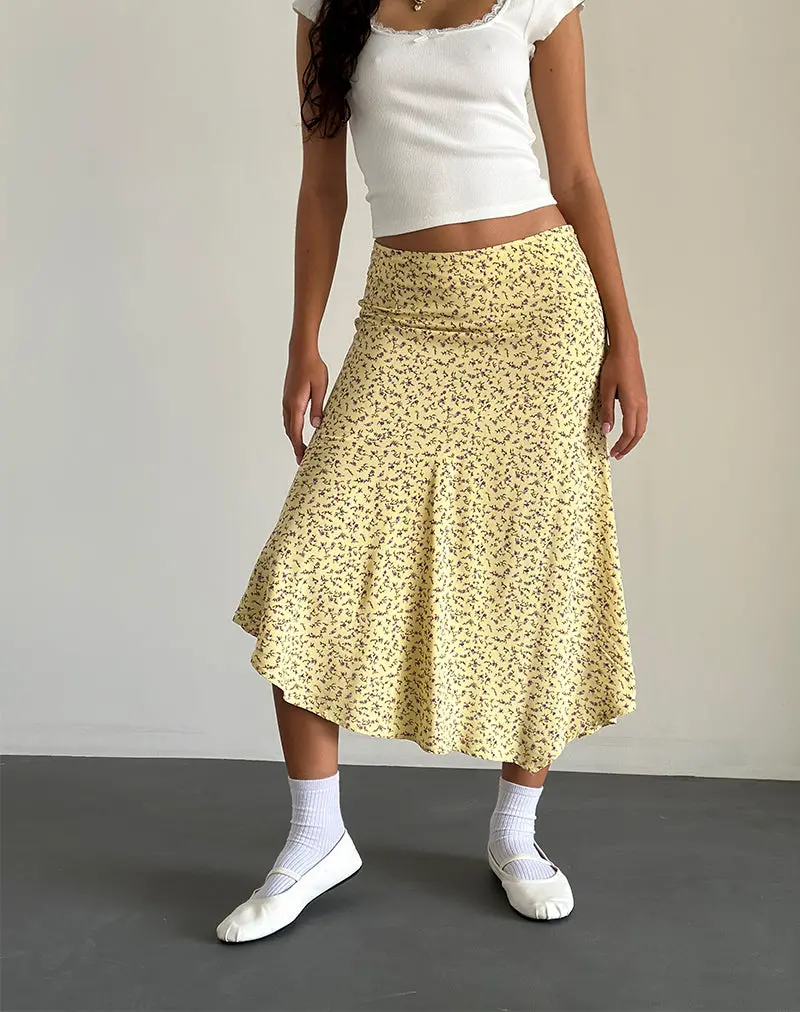 Rans Waterfall Hem Midi Skirt In Flowing Flower Yellow 1
