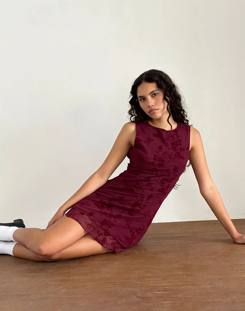 Renata Mini Dress In Flocked Botanical Flower Maroon 1
