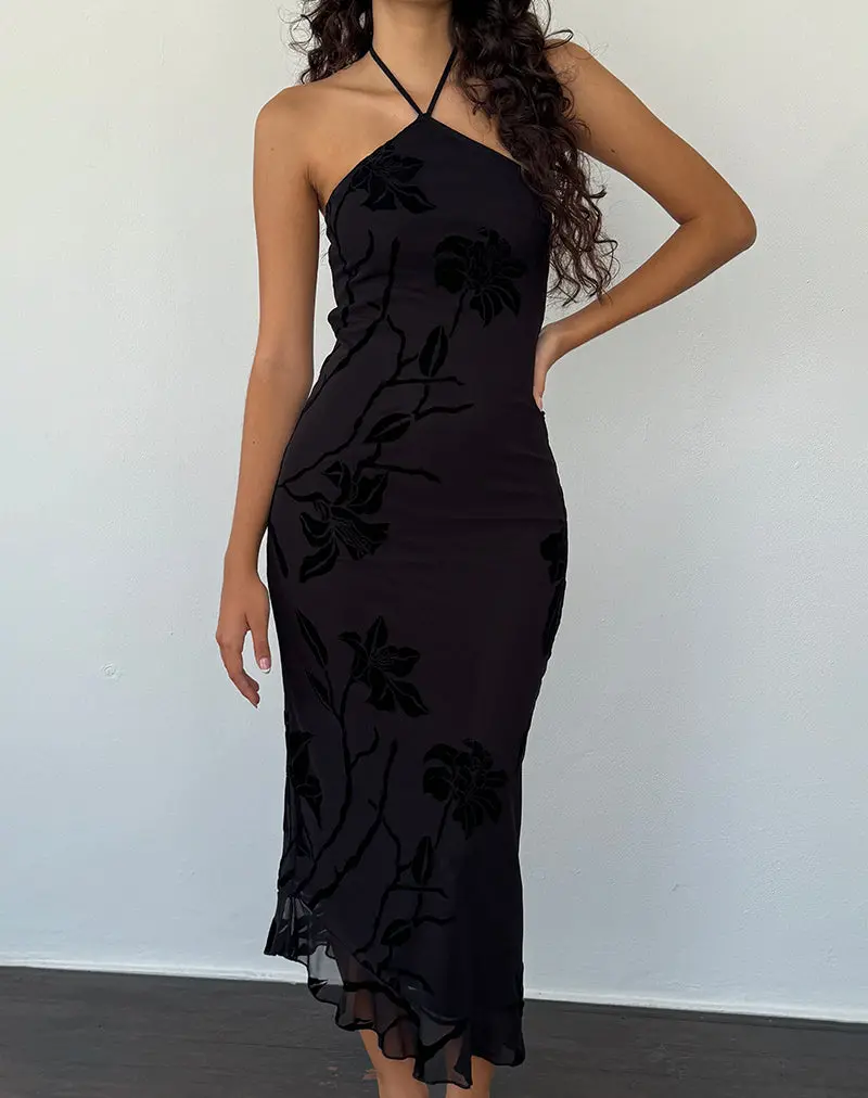 Ribka Halterneck Midi Dress In Orchids Flock Black 1