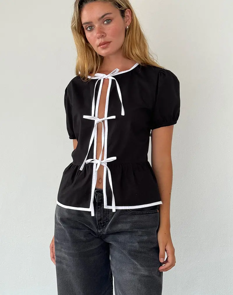 Ryota Tie Front Blouse In Black With White Binding 1