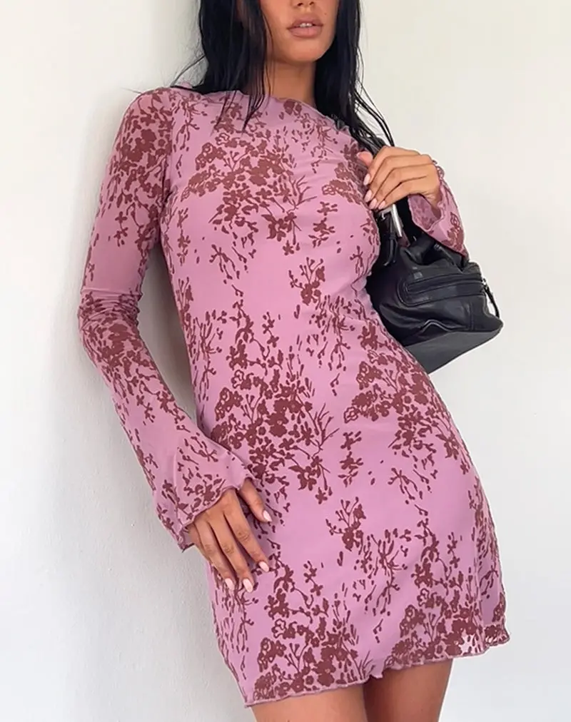 Sevila Long Sleeve Mini Dress In Botanic Mauve 1
