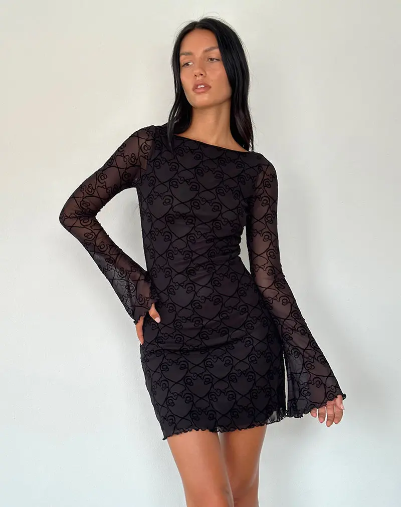 Sevila Long Sleeve Mini Dress In Black Queen Of Heart Flock 1
