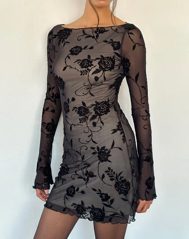Sevila Long Sleeve Mini Dress In Black Rose Flock 1