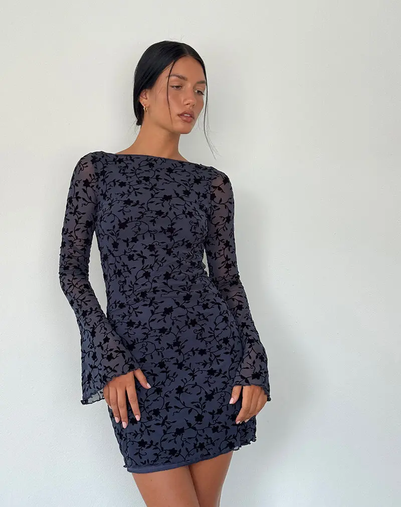 Sevila Long Sleeve Mini Dress In Flocked Petal Navy 1