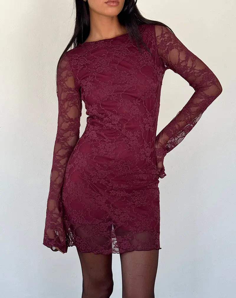 Sevila Long Sleeve Mini Dress Lace Burgundy 1