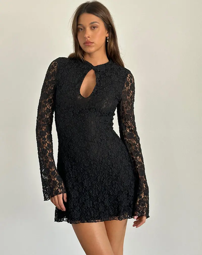 Silvanna Keyhole Mini Dress In Lace Black 1