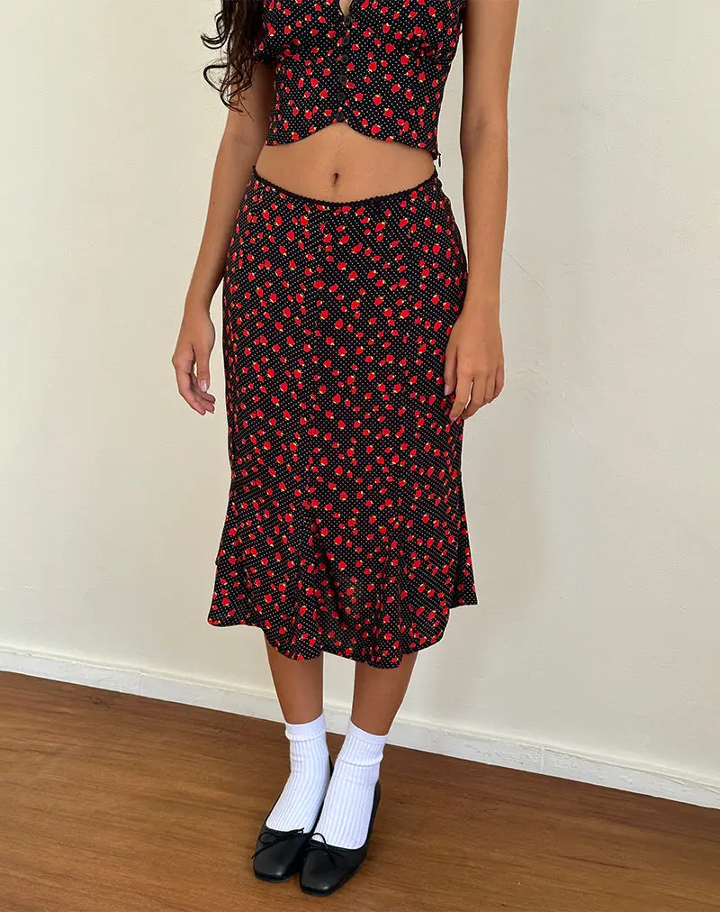 Sima Midi Skirt In Strawberry Polka Black 1