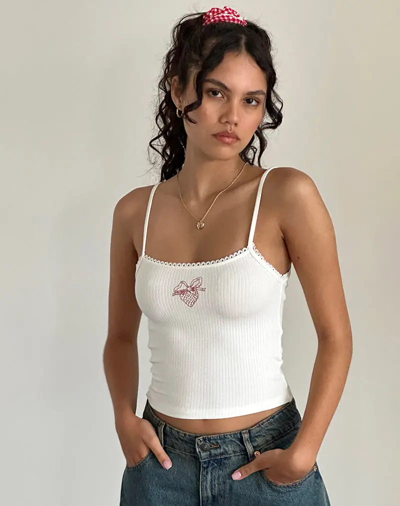 Suna Vest Top In Off White With Strawberry Bow Print 1