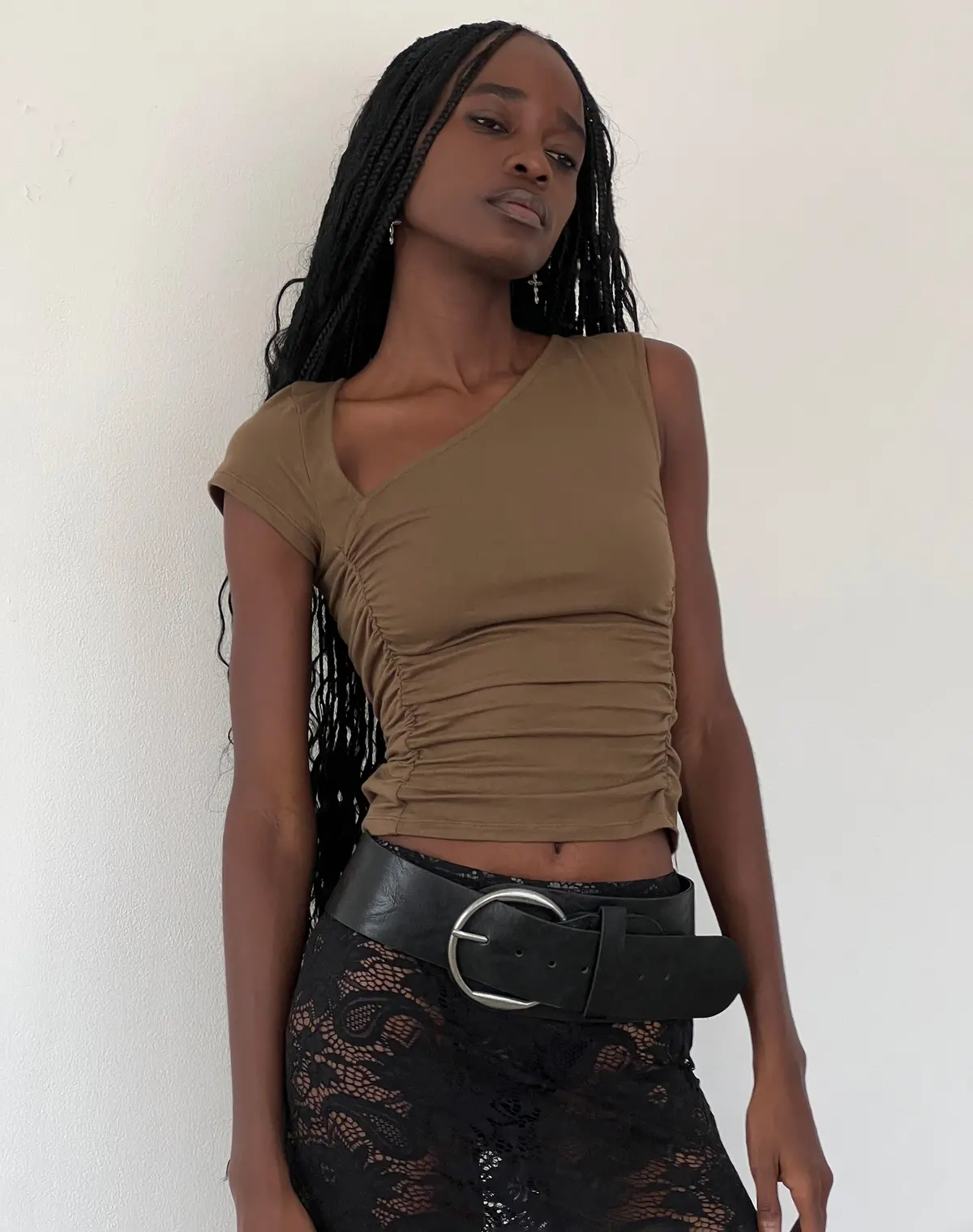 Sunhee Slash Neck Asymmetrical Top In Mocca 1