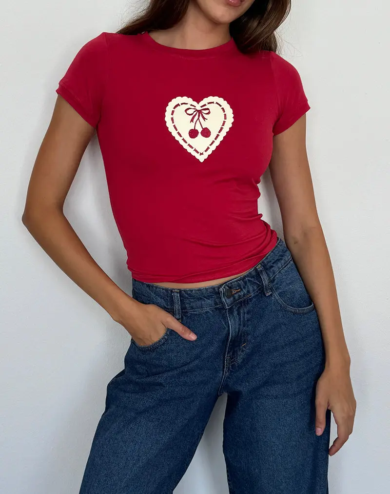 Sutin Baby Tee In Adrenaline Red With Embroidered Cherry Heart 1