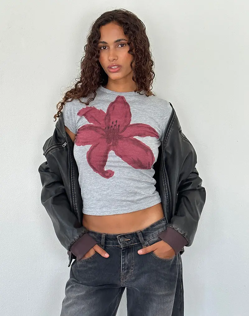 Sutin Tee In Grey Marl Painted Flower Graphic 1