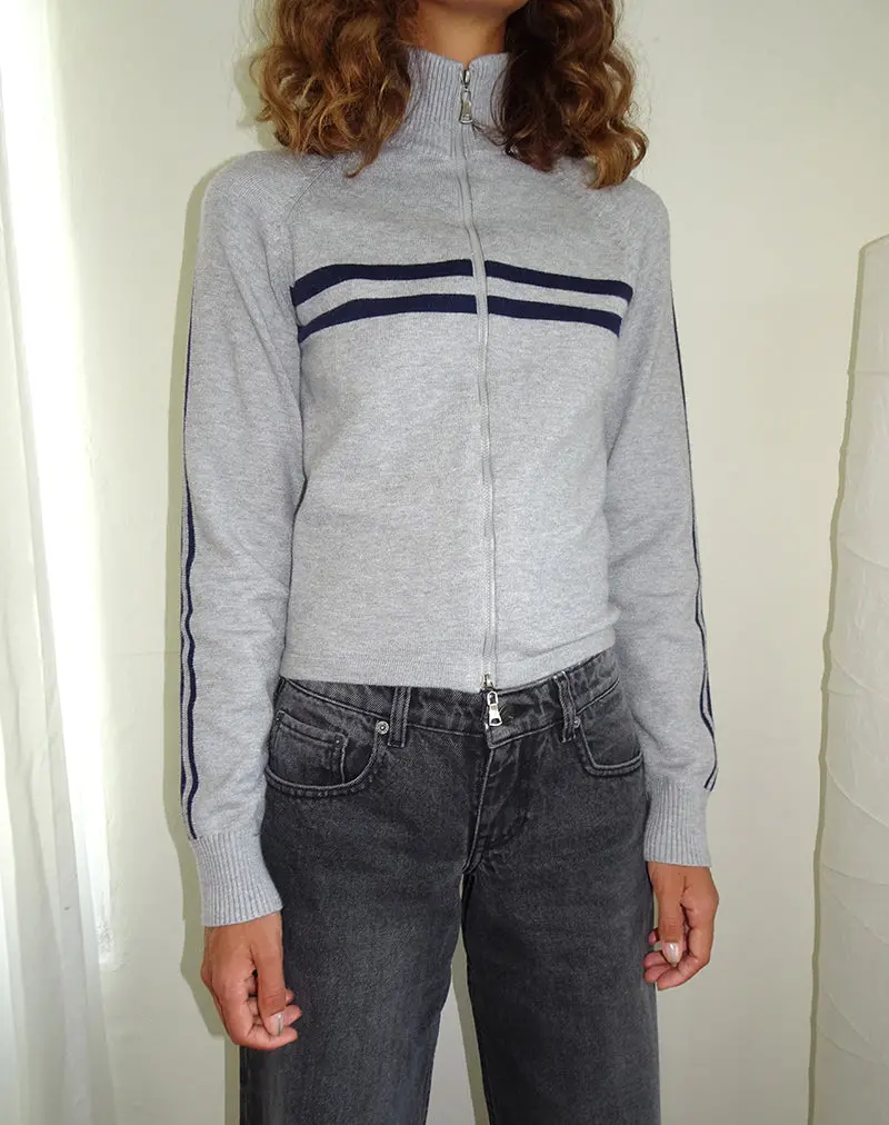 Talisa Sporty Zip Through Jacket In Light Grey With Navy Stripes 1