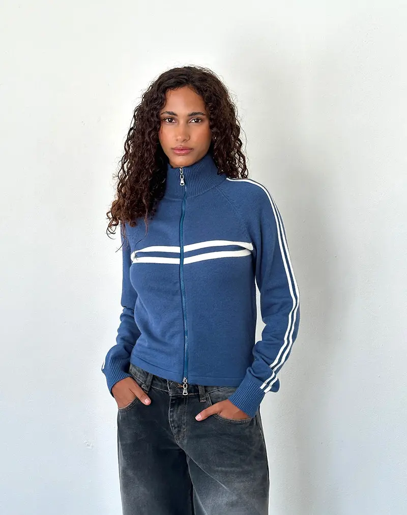 Talisa Sporty Zip Through Jacket In Navy With Ivory Stripes 1