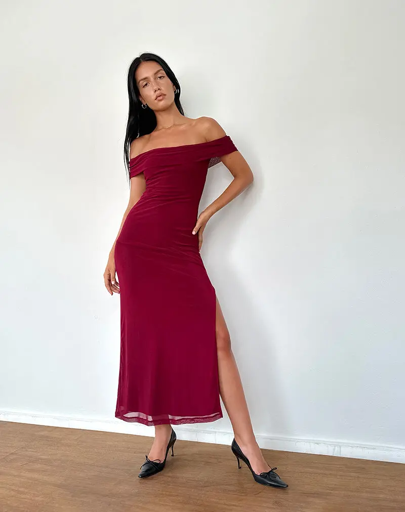 Tarna Bardot Maxi Dress In Mesh Burgundy 1