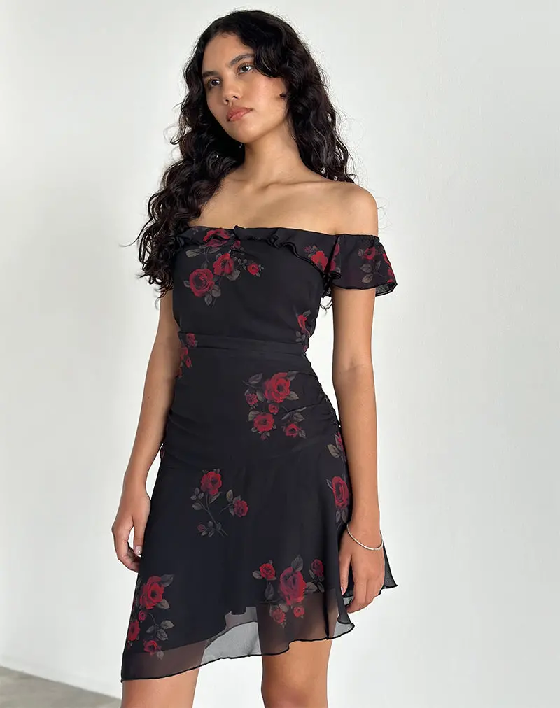 Ursula Bardot Mini Dress In Black Vintage Rose 1