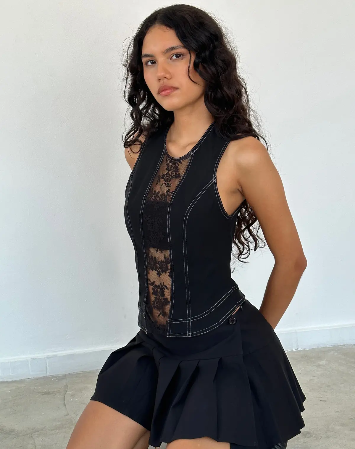 Verbena Lace Panel Top In Black Tailoring 1