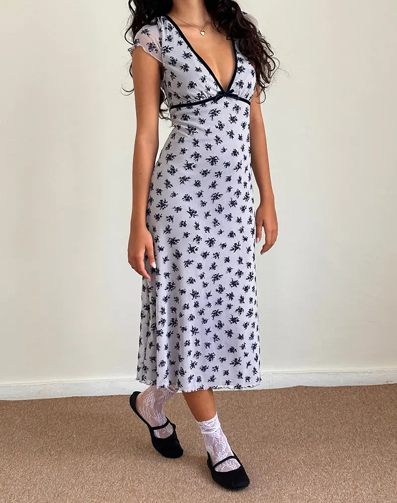Vilinia Dress In Pale Grey Flower Cluster Flock 1
