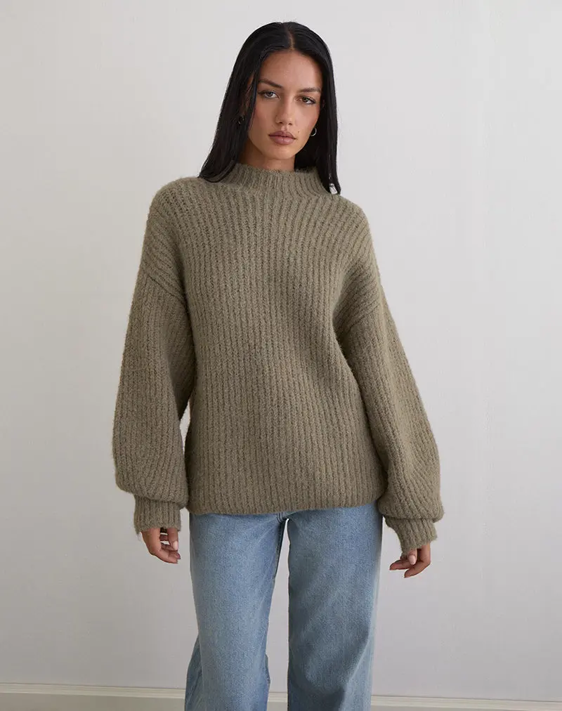 Viola Oversized Knitted Jumper In Light Olive 1