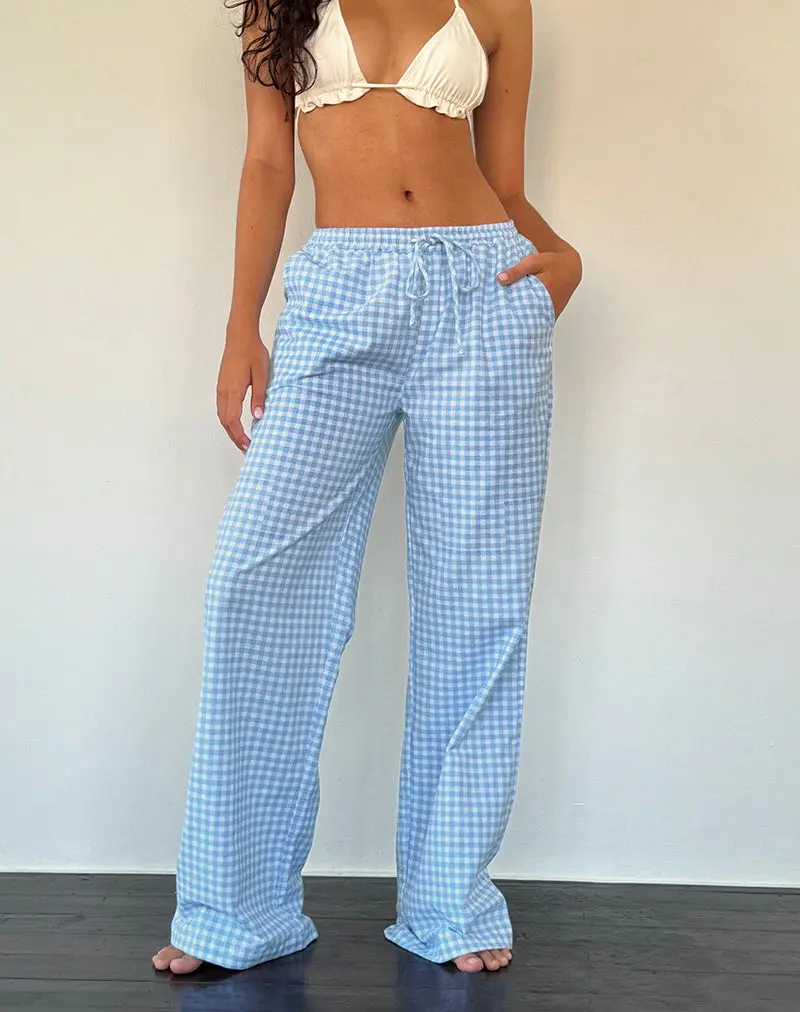 Wasic Wide Leg Linen Trouser In Blue Gingham 1