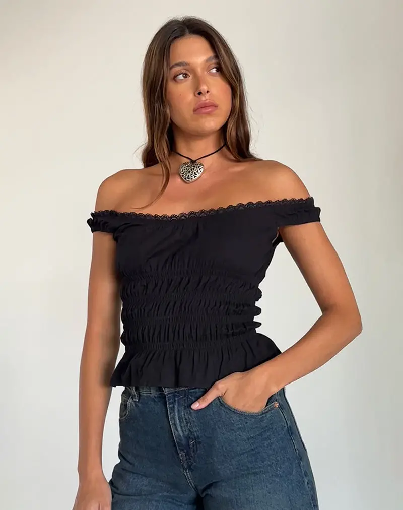 Xavinia Shirred Bardot Top In Black Poplin 1