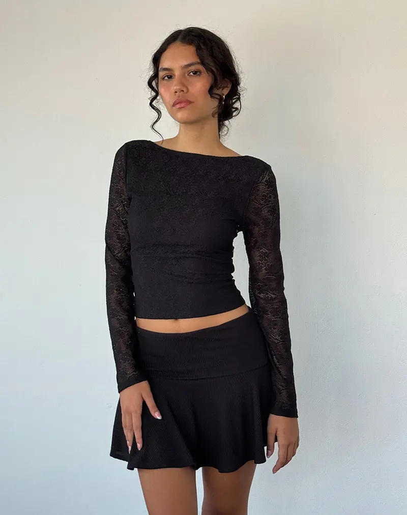 Xiabon Backless Long Sleeve Top In Lace Black 1