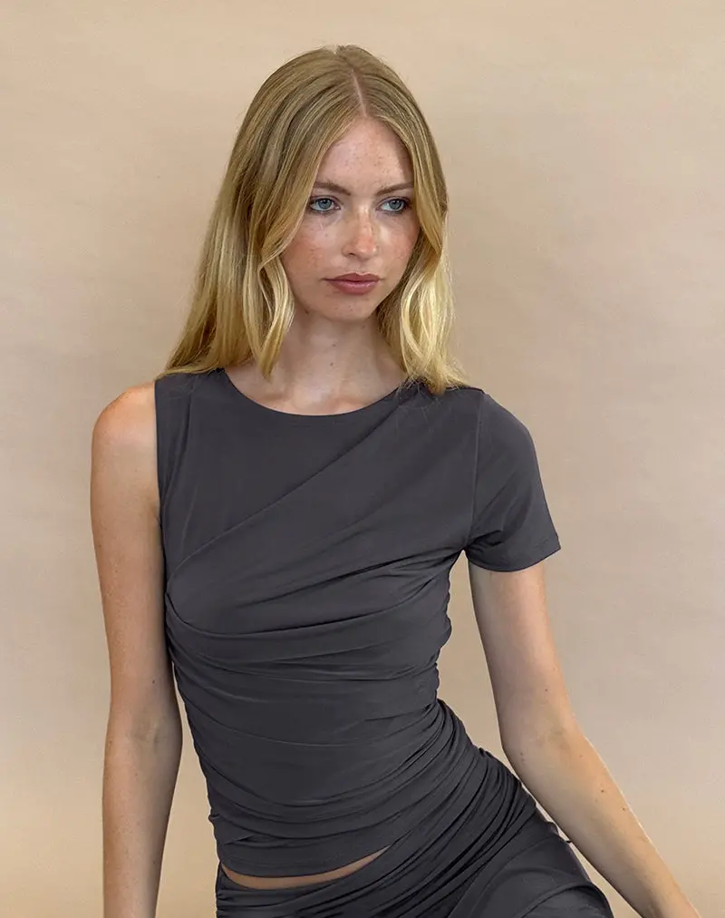 Zera Asymmetric Ruched Top In Grey 1