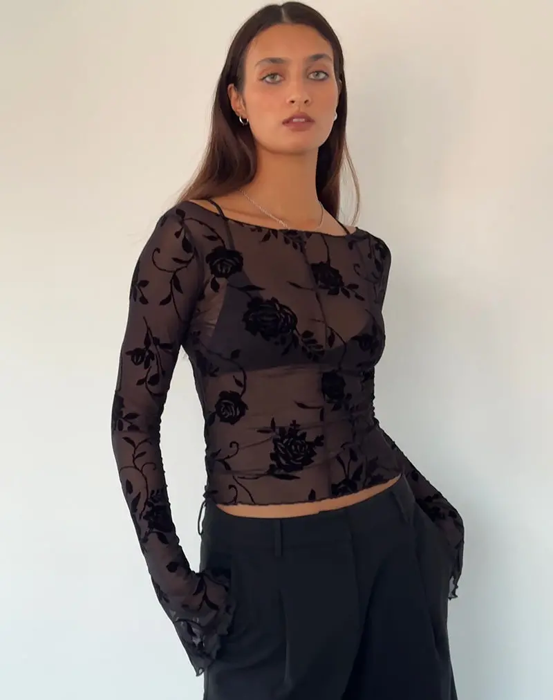Zerlin Unlined Long Sleeve Top In Rose Flock Black 1