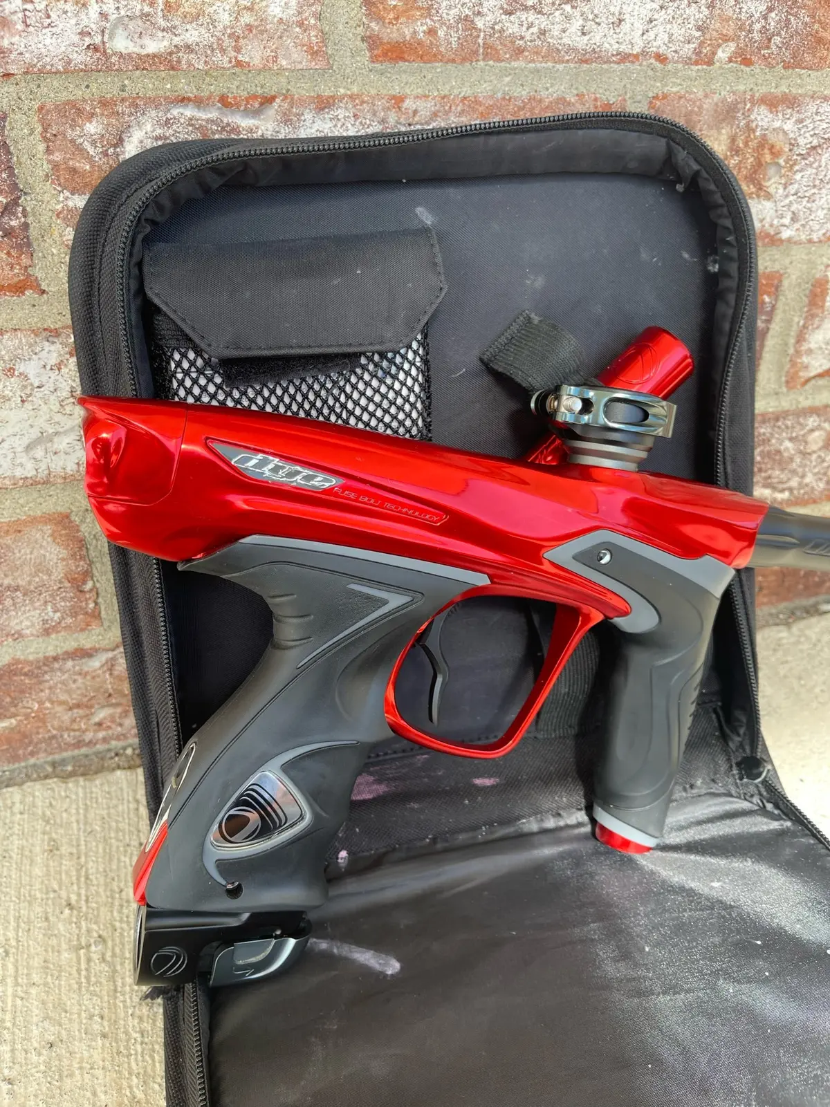 Used Dye Dm15 Paintball Marker - Gloss Red W/ 2 Ul Backs, Lockdown 2 Feedneck, Slap Asa, Deuce Trigger 1