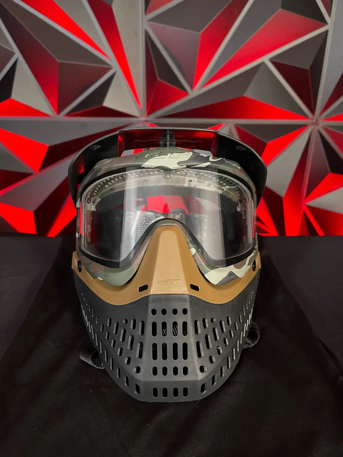 Used Jt Proflex Paintball Mask - Black/Tan Camo Skirt/Army Camo Frame W/Visor & Soft Goggle Bag 1